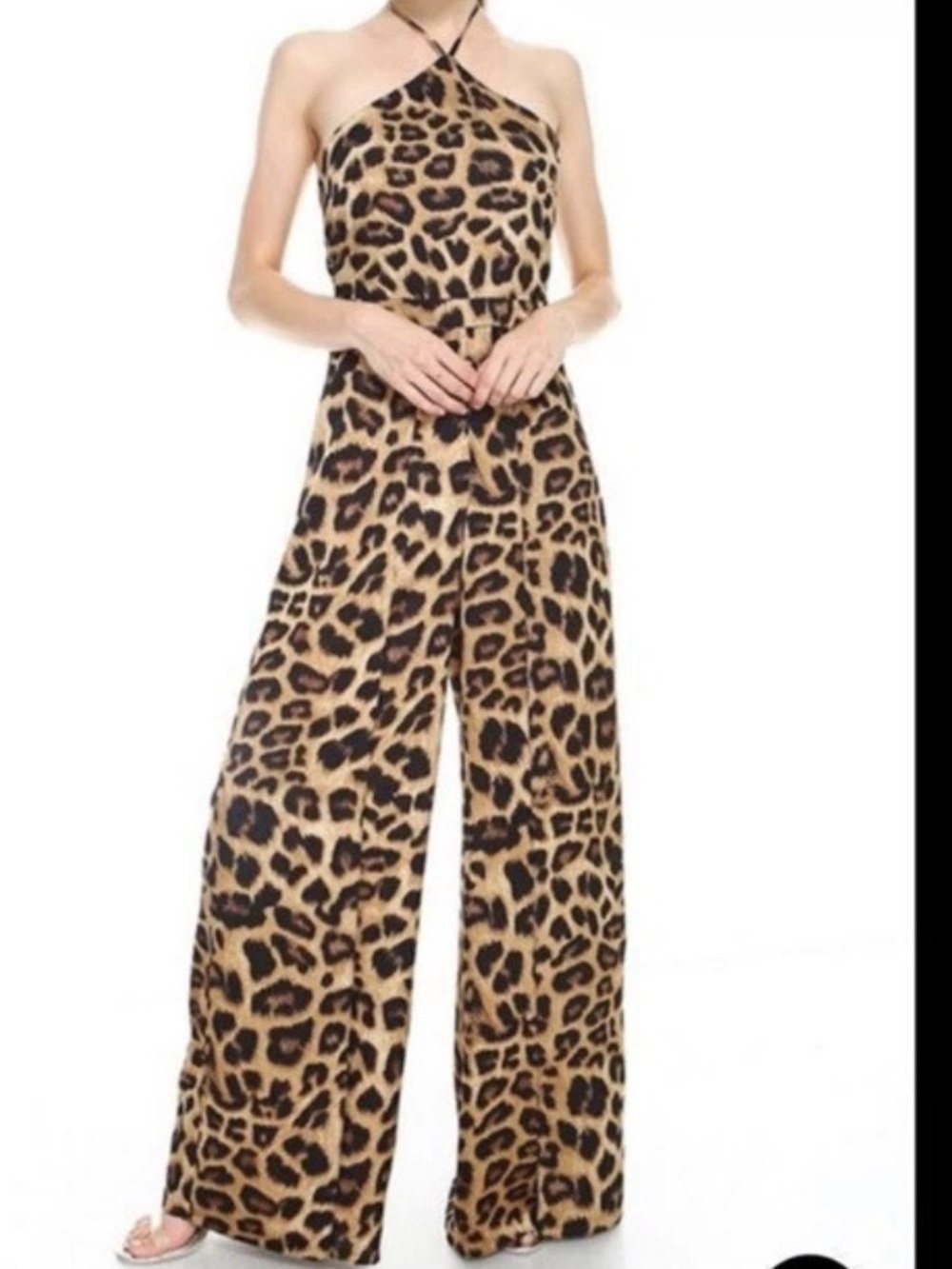 TCEC Leopard Print Halter Wide-Leg Jumpsuit - Tan & Black